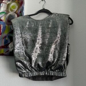 TCEC Metallic Silver Crop Top | Elastic Waist | Size M